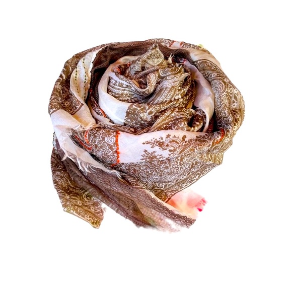 Stunning Silk Tan Orange Sete De Jaipur Mixed Media Mesh Embroidered Silk Scarf - Picture 2 of 15